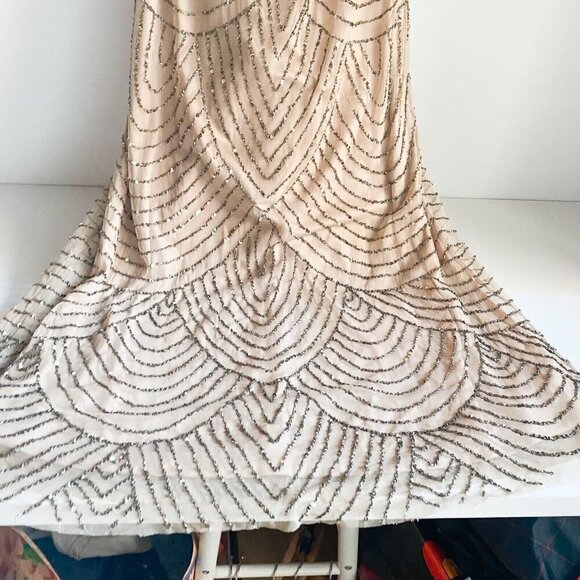 Adrianna Papell Nude Beaded Art Deco Spaghetti Strap Maxi Dress 0 - Picture 9 of 9